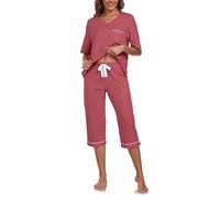 COLORFULLEAF Schlafanzug Damen Capri 100% Baumwolle Pyjamas Set Zweiteiler V-Ausschnitt Nachtwäsche Kurzarm Top und 3/4 Hose(Violettrot,L)
