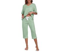COLORFULLEAF Schlafanzug Damen Capri 100% Baumwolle Pyjamas Set Zweiteiler V-Ausschnitt Nachtwäsche Kurzarm Top und 3/4 Hose(Salbei Grün,XL)