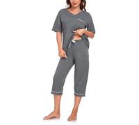 COLORFULLEAF Schlafanzug Damen Capri 100% Baumwolle Pyjamas Set Zweiteiler V-Ausschnitt Nachtwäsche Kurzarm Top und 3/4 Hose(dunkelgrau,XL)