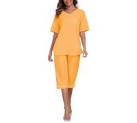 COLORFULLEAF Schlafanzug Damen Capri 100% Baumwolle Pyjamas Set Zweiteiler V-Ausschnitt Nachtwäsche Kurzarm Top und 3/4 Hose(Leuchtendes Gelb,M)
