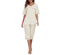 COLORFULLEAF Schlafanzug Damen Capri 100% Baumwolle Pyjamas Set Zweiteiler V-Ausschnitt Nachtwäsche Kurzarm Top und 3/4 Hose(Eierschalenfarbe,S)