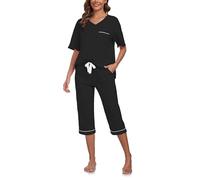 COLORFULLEAF Schlafanzug Damen Capri 100% Baumwolle Pyjamas Set Zweiteiler V-Ausschnitt Nachtwäsche Kurzarm Top und 3/4 Hose(schwarz,M)