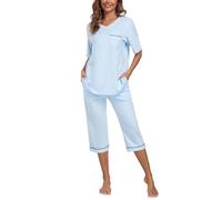 COLORFULLEAF Schlafanzug Damen Capri 100% Baumwolle Pyjamas Set Zweiteiler V-Ausschnitt Nachtwäsche Kurzarm Top und 3/4 Hose