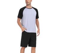 COLORFULLEAF Schlafanzug Herren Kurz Bambus Pyjama Sommer Hausanzug mit Rundhals Kurzarm Schlafanzug Männer Nachtwäsche Set S-XL (Schwarz,S)