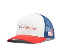 Columbia PFG Logo Snap Back Ball Cap, Breathable, Adjustable, Red Spark/Us Flag, One Size