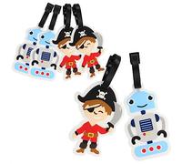 com-four® 6x Kofferanhänger aus flexiblem Kunststoff in bunten Farben für Kinder - Gepäckanhänger für Kinderkoffer und Reisetasche - Adressanhänger (06 tlg. - Roboter. Pirat)