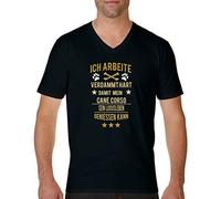 Comedy Shirts - Ich arbeite verdammt hart damit Mein Cane Corso - Herren V-Neck T-Shirt - Schwarz/Gold-Weiss Gr. L
