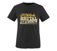 Comedy Shirts - Jung & brutal gutaussehend - Herren T-Shirt - Schwarz/Gold-Weiss Gr. L