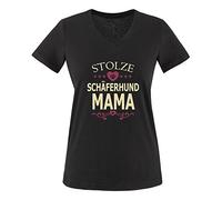 Comedy Shirts - Stolze Schäferhund Mama - Herz - Damen V-Neck T-Shirt - Schwarz/Beige-Fuchsia Gr. L