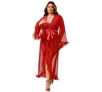 comeondear Kimono Damen Lang Durchsichtig Sexy Morgenmantel Tüll Robe Große Größen Bademantel Transparente Dessous Unterwäsche für Mollige Maxi Kleid Negligee Strandkleid Bikini Cover Up(Rot,XL-XXL)