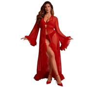 comeondear Kimono Damen Lang Durchsichtig Sexy Morgenmantel Tüll Robe Große Größen Bademantel Transparente Dessous Unterwäsche für Mollige Maxi Kleid Negligee Strandkleid Bikini Cover Up(Rot,XS-S)
