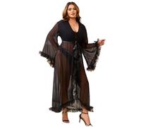 comeondear Kimono Damen Lang Durchsichtig Sexy Morgenmantel Tüll Robe Große Größen Bademantel Transparente Dessous Unterwäsche für Mollige Maxi Kleid Negligee Strandkleid Bikini Cover Up(Schwarz,M-L)