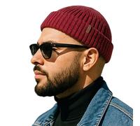 Comhats Fischer Mütze Herren Wollmütze Kurz Docker Haube Trawler Fisherman Beanie Hat Damen Merino Wolle Strick Winter Cap Großer Kopf Ski M/L Rot