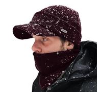 Comhats PolarWool™ Beanie Herren Winter-Set mit Wollgestrickter Schirmmütze und Fleece-Schal/Halswärmer für Herren und Damen - Warme gestrickte Schirmmütze Weinrot L