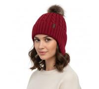 Comhats Winter Merino Wolle Pompom Beanie für Frauen Fleece gefüttert Ohrklappe Warme Mode Kaltes Wetter Ski Outdoors Schnee Strickmütze Mittel Rot