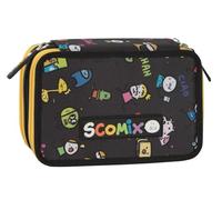 Comix Scomix by Sio - Schüleretui, Federmäppchen mit 3 Fächern für Kinder und Mädchen, mit komplettem Schreibwarenset, 5 Namensetiketten und praktischen Reißverschlüssen, 20 x 13 x 7 cm, gelb