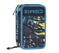 Comix WBS Federmäppchen mit 3 Fächern für Kinder, mit Schreibwarenset, Hartschalenhülle mit geprägtem Maxi-Logo und Reißverschluss aus Metall, Schwarz/Blau, Federmäppchen mit 3 Reißverschlüssen