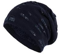 Compagno Mütze Damen Wintermütze mit Pailletten warm gefütterte Beanie Strickmütze Hat Haube Einheitsgröße, Farbe:Marineblau