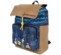 Concept One SpongeBob SquarePants Denim Rucksack, Cartoon-Tasche mit Klappe, verstellbare Schultergurte, bestickte Charakter-Patches, Blau und Gelb