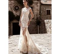 CongMing-huajia Braut Brautkleider Lang Groß A Größe Elegant Spitze Tüll Applique Sexy Brautkleid Elfenbein White 36