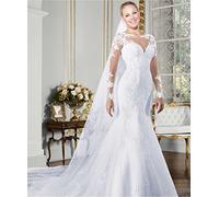 CongMing-huajia Brautkleid Große Frauen Langarm V-Ausschnitt Spitze Applique Kleid Weiß White Plus48