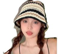 CongTil Häkelhut für Damen, gestrickter Sonnenhut für den Sommer, handgefertigt, faltbar, Strandmütze, Beanie, niedlich, bequem und lässig, Schwarzweiß, Einheitsgröße