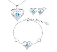 CONILOK Damen Schmuck Herz Kette Armband Ohrstecker Silber 925 Sets Zirkon Love Charms Anhänger Halskette Kleine Geschenke für Frauen Freunde Mädchen Geburtstag Weihnachtstag Valentinstag Blau