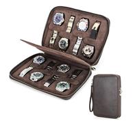 CONTACTS Herren-Armbanduhr, echtes Leder, mit Reißverschluss, schmale Box, minimalistische Vintage-Uhr, Handtasche, Clutch mit Befestigungsriemen (Kaffeebraun - 8 Fächer)