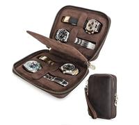CONTACTS Herren-Armbanduhr, echtes Leder, Reißverschluss, schmale Box, minimalistische Vintage-Uhr, Handtasche, Clutch mit Befestigungsriemen (Kaffee, 4 Fächer)