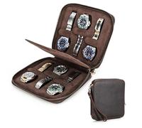 Contacts Herren-Armbanduhr, echtes Leder, Reißverschluss, schmale Box, minimalistische Vintage-Uhr, Handtasche, Clutch mit Befestigungsriemen (Kaffee, 6 Fächer)