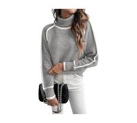 Contrast Trim Turtle Neck Sweater for Women, Fall Winter 2026 Trendy Cute Cozy Long Sleeve Knitted Pullover Casual Loose Fit Raglan Sleeve Jumper Tops Versatile Ladies Knitwear (M,Gray)