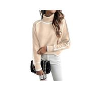 Contrast Trim Turtle Neck Sweater for Women, Fall Winter 2026 Trendy Cute Cozy Long Sleeve Knitted Pullover Casual Loose Fit Raglan Sleeve Jumper Tops Versatile Ladies Knitwear (L,Apricot)
