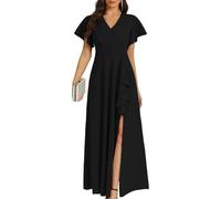 COOAN Damenkleid, schwarz, lang, formell, Cocktailkleid, Hochzeit, Gästekleid, Rüschen, geteilt, elegant, V-Ausschnitt, Partykleider