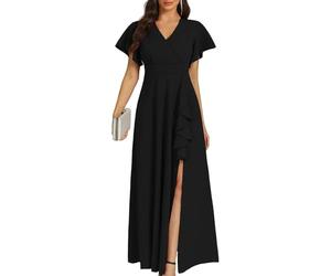 COOAN Damenkleid, schwarz, lang, formell, Cocktailkleid, Hochzeit, Gästekleid, Rüschen, geteilt, elegant, V-Ausschnitt, Partykleider