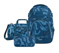 coocazoo Schulrucksack-Set Mate „Breaking Waves“ 3-TLG., blau, ergonomischer 30L Tornister, höhenverstellbar mit Hüftgurt für Kinder ab der 5. Klasse, inkl. Federmäppchen und Sporttasche