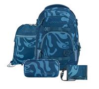 coocazoo Schulrucksack-Set Mate „Breaking Waves“ 4-TLG., blau, ergonomischer 30L Tornister, höhenverstellbar mit Hüftgurt für Kinder ab der 5. Klasse, inkl. Federmäppchen, Turnbeutel und Geldbörse