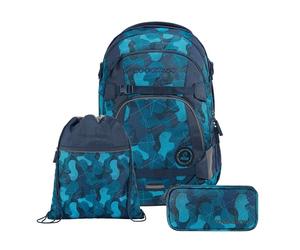 Coocazoo Schulrucksack-Set MATE „Cloudy Camou“, 3-teilig, blau, ergonomischer 30L Tornister, höhenverstellbar mit Brust- und Hüftgurt für Kinder ab der 5. Klasse, inkl. Federmäppchen und Turnbeutel