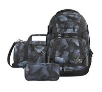 coocazoo Schulrucksack-Set Mate „Grey Rocks“ 3-TLG., schwarz, ergonomischer 30L Tornister, höhenverstellbar mit Hüftgurt für Kinder ab der 5. Klasse, inkl. Federmäppchen und Sporttasche