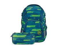Coocazoo Schulrucksack-Set MATE „Lime Stripe“ 3-teilig, blau-grün, ergonomischer 30L Tornister, mit Brust- und Hüftgurt für Kinder ab der 5. Klasse, inkl. Mäppchen und COLOUR UP-Set