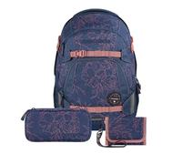 Coocazoo Schulrucksack-Set MATE „Sweet Rose“ 3-teilig, blau, ergonomischer 30L Tornister, mit Brust- und Hüftgurt für Kinder ab der 5. Klasse, inkl. Mäppchen und Geldbörse
