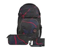 Coocazoo Schulrucksack-Set Porter „Lava Lines“ 3-teilig, schwarz, ergonomischer 35L Tornister, mit Brust- und Hüftgurt für Kinder ab der 5. Klasse, inkl. Mäppchen und Geldbörse