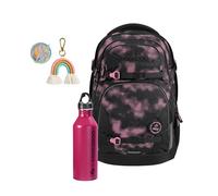 coocazoo Schulrucksack-Set Porter „Pink Illusion“ 3-teilig, schwarz-rosa, ergonomischer 35L Tornister, mit Brust- & Hüftgurt für Kinder ab der 5 Klasse, inkl. Edelstahl-Trinkflasche und Colour UP-Set