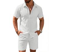 COOFANDY 2-teiliges Herren-Set aus Baumwoll-Leinen, kurzärmelig, Button-Down-Shirts, Sommer, Strand, Shorts, lässige Outfits, Reines Weiß, Medium