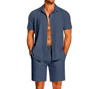 COOFANDY 2-teiliges Herren-Set aus Baumwoll-Leinen, kurzärmelig, Button-Down-Shirts, Sommer, Strand, Shorts, lässige Outfits, Veilchen, Medium