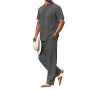 COOFANDY 2-teiliges Herren-Set, Baumwolle, lässig, kurzärmelig, Henley-Shirts und Strandhosen mit Taschen, Sommerurlaub-Outfits