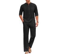 COOFANDY 2-teiliges Herren-Set, Baumwolle, lässig, langärmelig, kubanisches Henley-Shirt und lockere Hose, Strandurlaub-Outfits, Schwarz, X-Large
