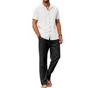 COOFANDY 2-teiliges Leinen-Outfit für Herren, mit Knopfleiste, lässig, lockere Hose, Weißes Hemd/schwarze Hose, X-Large