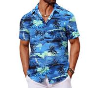 COOFANDY Hawaii Hemd Männer Kurzarm Leichte Sommerhemd Strandhemden Herren Button Down Hawaihemden Beach Hemd Blumen Kurzarmhemden 1-Palme Blau S