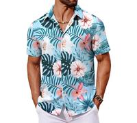 COOFANDY Hawaii Hemd Männer Sommerhemd Kurzarm Strandhemd Urlaub Hawaiihemd Blumen Hemd Palmen Herrenhemden Party Shirt Florales Hellblau 3XL