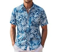 COOFANDY Hawaii-Hemden für Herren, Baumwolle, Leinen, Knopfleiste, Tropische Urlaub, Strandhemden, B- Blau, L